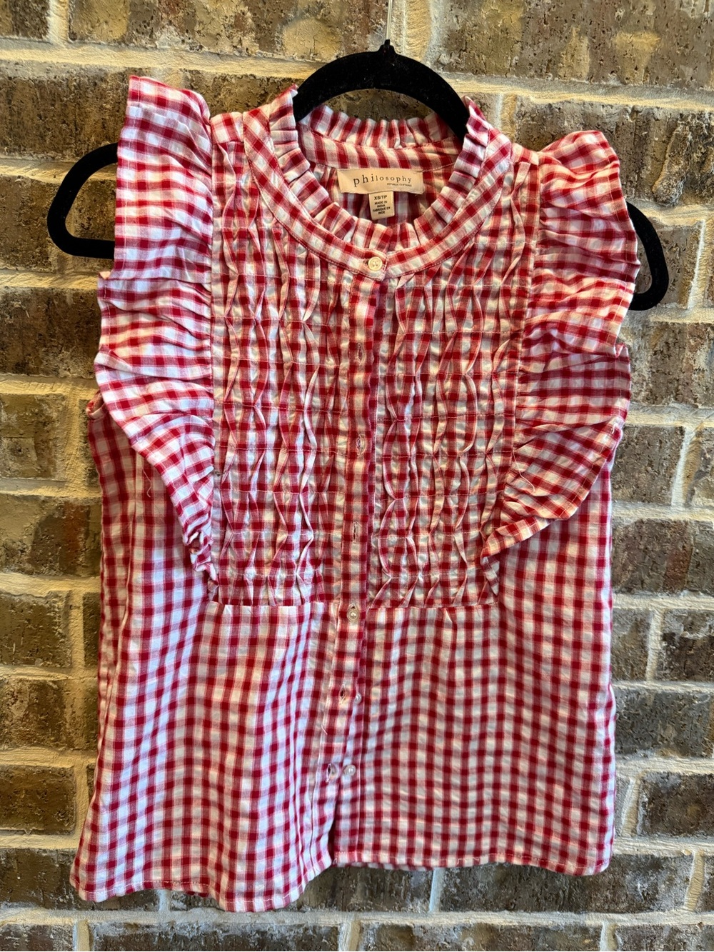 Philosophy Red & White Gingham Ruffle Button-Front Top